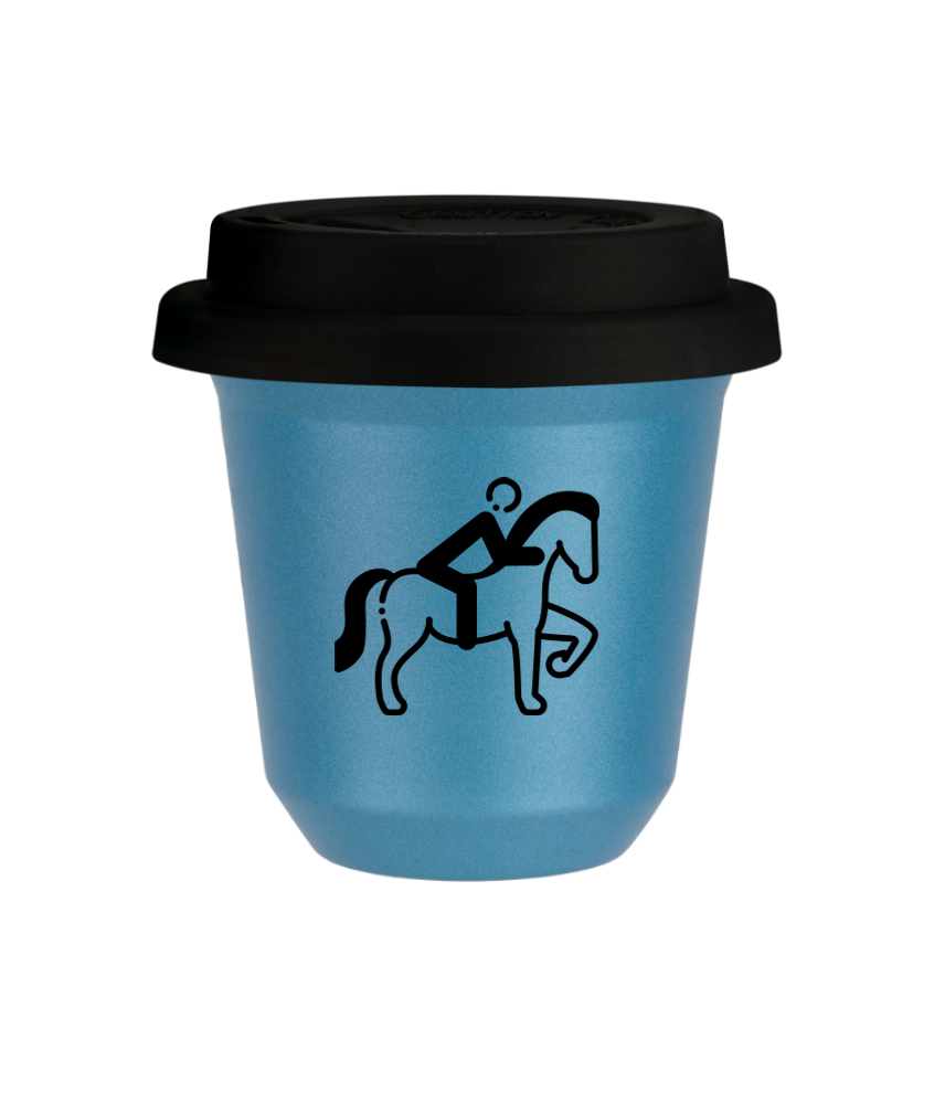 Tasse 150 ml BLEU CLAIR MÉTALLIQUE "Équitation 2", avec couvercle noir
