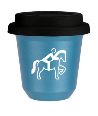 Tasse 150 ml BLEU CLAIR MÉTALLIQUE "Équitation 2 (blanc)", avec couvercle noir Tasse 150 ml BLEU CLAIR MÉTALLIQUE "Équitation 2 (blanc)", avec couvercle noir