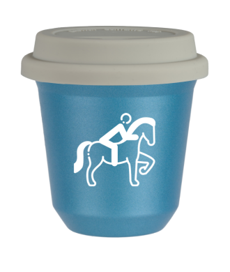 Tasse 150 ml BLEU CLAIR MÉTALLIQUE "Équitation 2 (blanc)", avec couvercle blanc Tasse 150 ml BLEU CLAIR MÉTALLIQUE "Équitation 2 (blanc)", avec couvercle blanc