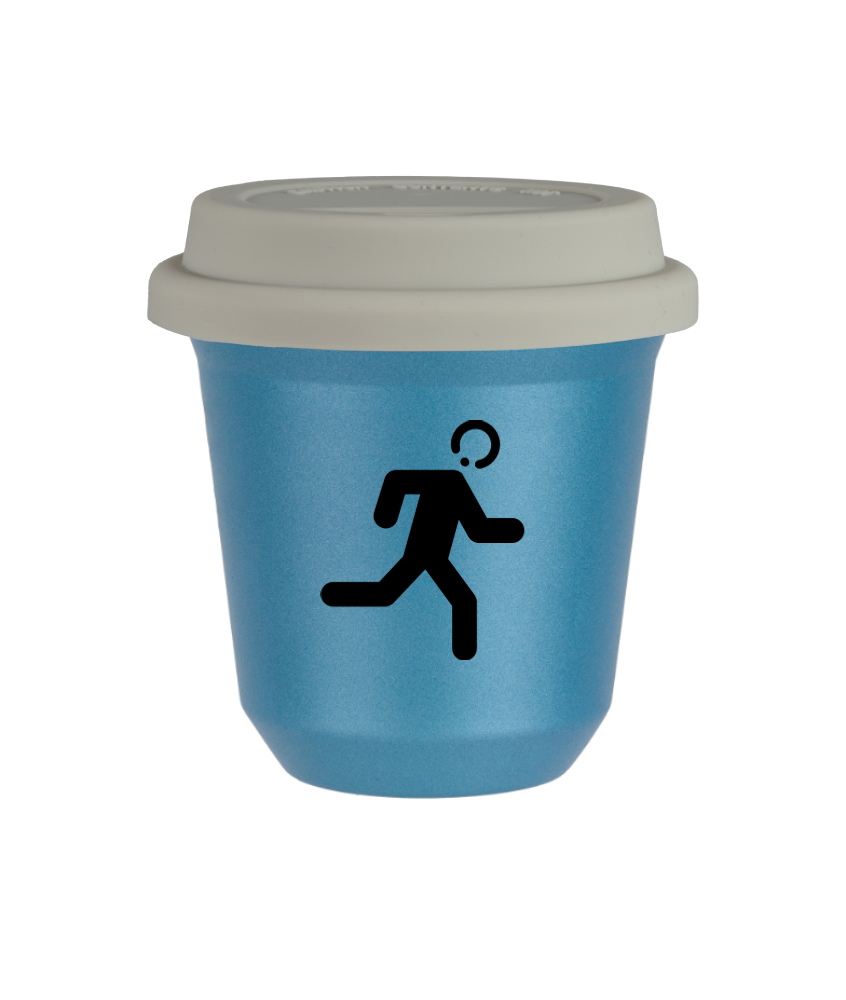 Tasse 150 ml BLEU CLAIR MÉTALLIQUE "Coureur", avec couvercle blanc