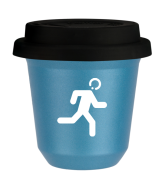 Tasse 150 ml BLEU CLAIR MÉTALLIQUE "Coureur (blanc)", avec couvercle noir Tasse 150 ml BLEU CLAIR MÉTALLIQUE "Coureur (blanc)", avec couvercle noir