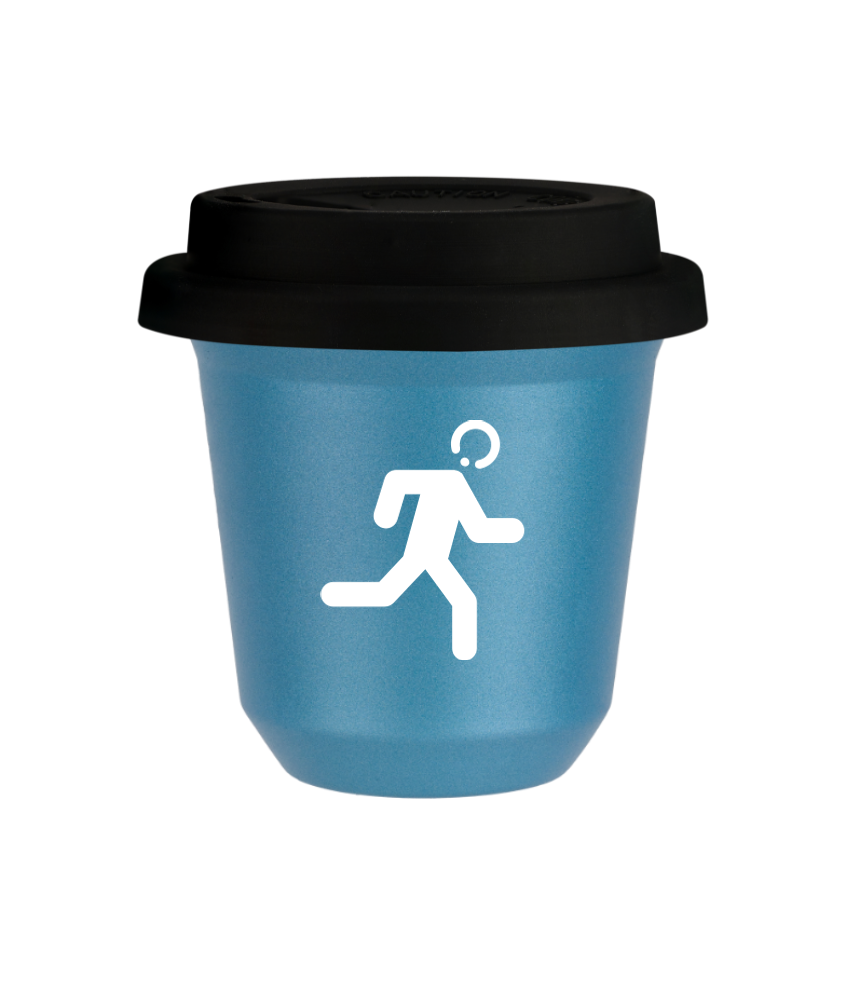 Tasse 150 ml BLEU CLAIR MÉTALLIQUE "Coureur (blanc)", avec couvercle noir