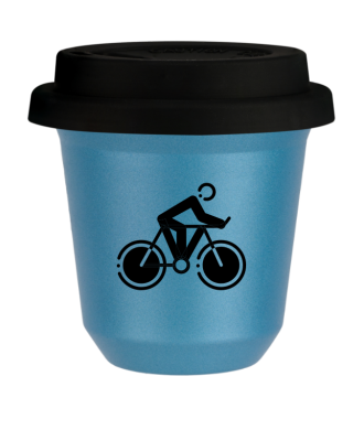 Tasse 150 ml BLEU CLAIR MÉTALLIQUE "Cyclisme 2 (noir)", avec couvercle noir Tasse 150 ml BLEU CLAIR MÉTALLIQUE "Cyclisme 2 (noir)", avec couvercle noir