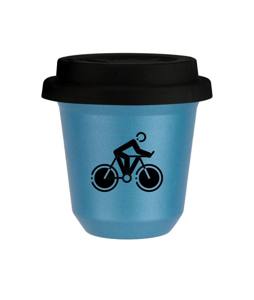 Tasse 150 ml BLEU CLAIR MÉTALLIQUE "Cyclisme 2 (noir)", avec couvercle noir
