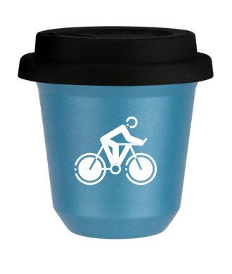 Tasse 150 ml BLEU CLAIR MÉTALLIQUE "Cyclisme 2 (blanc)", avec couvercle noir Tasse 150 ml BLEU CLAIR MÉTALLIQUE "Cyclisme 2 (blanc)", avec couvercle noir