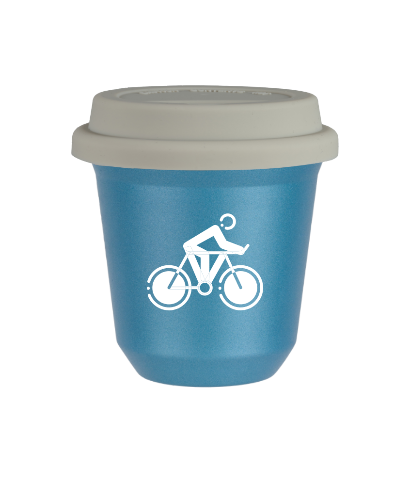 Tasse 150 ml BLEU CLAIR MÉTALLIQUE "Cyclisme 2 (blanc)", avec couvercle blanc