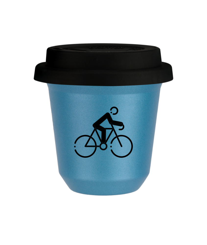 Tasse 150 ml BLEU CLAIR MÉTALLIQUE "Cyclisme 3", avec couvercle noir