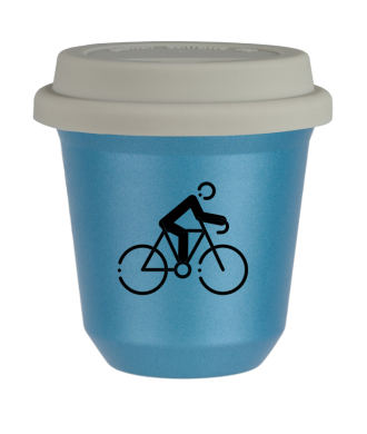 Tasse 150 ml BLEU CLAIR MÉTALLIQUE "Cyclisme 3 (noir)", avec couvercle blanc Tasse 150 ml BLEU CLAIR MÉTALLIQUE "Cyclisme 3 (noir)", avec couvercle blanc