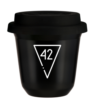Tasse 80 ml NOIR "42 (blanc)", avec couvercle noir Tasse 80 ml NOIR "42 (blanc)", avec couvercle noir