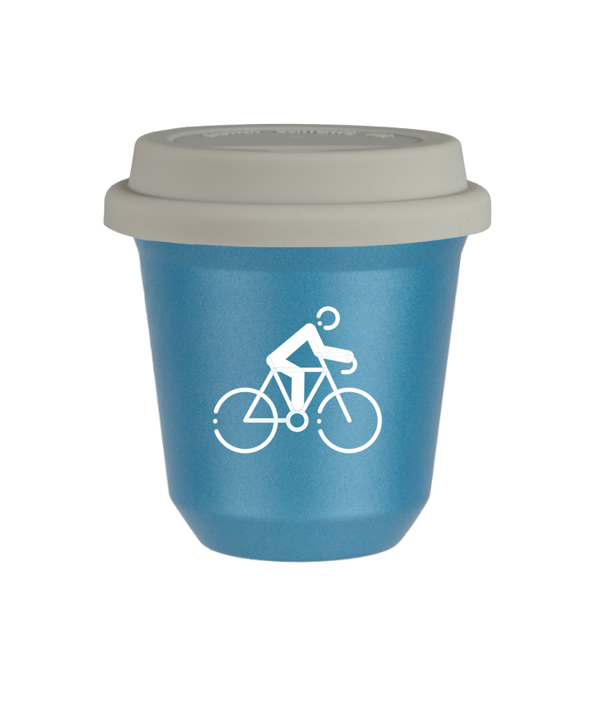 Tasse 150 ml BLEU CLAIR MÉTALLIQUE "Cyclisme 3 (blanc)", avec couvercle blanc
