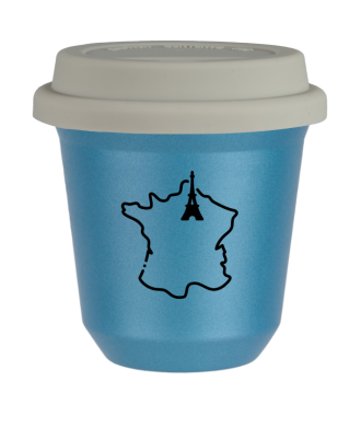 Tasse 150 ml BLEU CLAIR MÉTALLIQUE "France (noir)", avec couvercle blanc Tasse 150 ml BLEU CLAIR MÉTALLIQUE "France (noir)", avec couvercle blanc