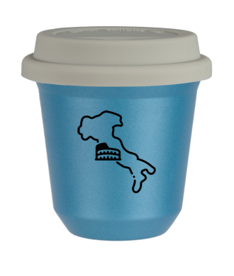 Tasse 150 ml BLEU CLAIR MÉTALLIQUE "Italie (noir)", avec couvercle blanc Tasse 150 ml BLEU CLAIR MÉTALLIQUE "Italie (noir)", avec couvercle blanc