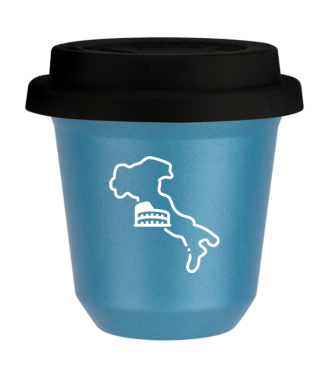 Tasse 150 ml BLEU CLAIR MÉTALLIQUE "Italie (blanc)", avec couvercle noir Tasse 150 ml BLEU CLAIR MÉTALLIQUE "Italie (blanc)", avec couvercle noir