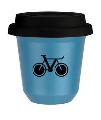 Tasse 150 ml BLEU CLAIR MÉTALLIQUE "Vélo 1", avec couvercle noir Tasse 150 ml BLEU CLAIR MÉTALLIQUE "Vélo 1", avec couvercle noir