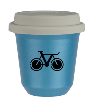 Tasse 150 ml BLEU CLAIR MÉTALLIQUE "Vélo 1", avec couvercle blanc Tasse 150 ml BLEU CLAIR MÉTALLIQUE "Vélo 1", avec couvercle blanc