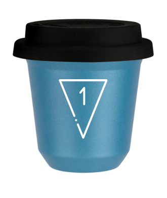 Tasse 150 ml BLEU CLAIR MÉTALLIQUE "1 (blanc)", avec couvercle noir Tasse 150 ml BLEU CLAIR MÉTALLIQUE "1 (blanc)", avec couvercle noir