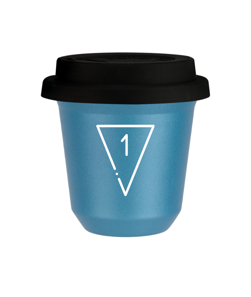 Tasse 150 ml BLEU CLAIR MÉTALLIQUE "1 (blanc)", avec couvercle noir