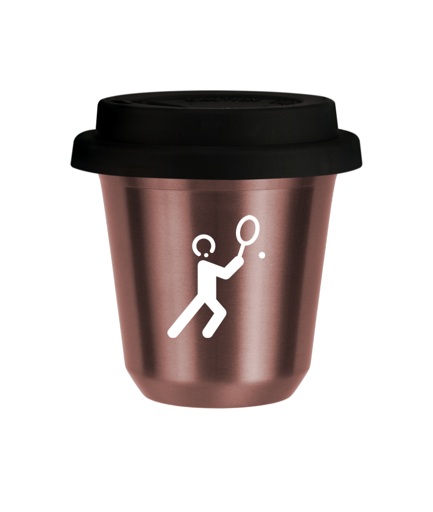 Tasse 150 ml OR ROSE "Tennis 1 (blanc)", avec couvercle noir