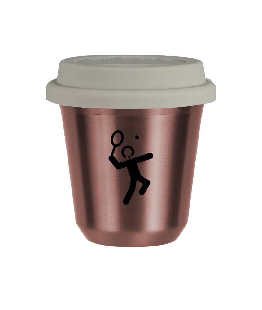 Tasse 150 ml OR ROSE "Tennis 2", avec couvercle blanc