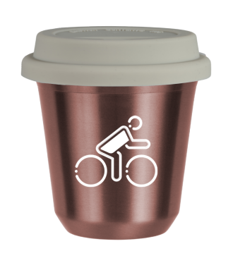 Tasse 150 ml OR ROSE "Cycliste aux couleurs polonaises (blanc)", avec couvercle blanc Tasse 150 ml OR ROSE "Cycliste aux couleurs polonaises (blanc)", avec couvercle blanc