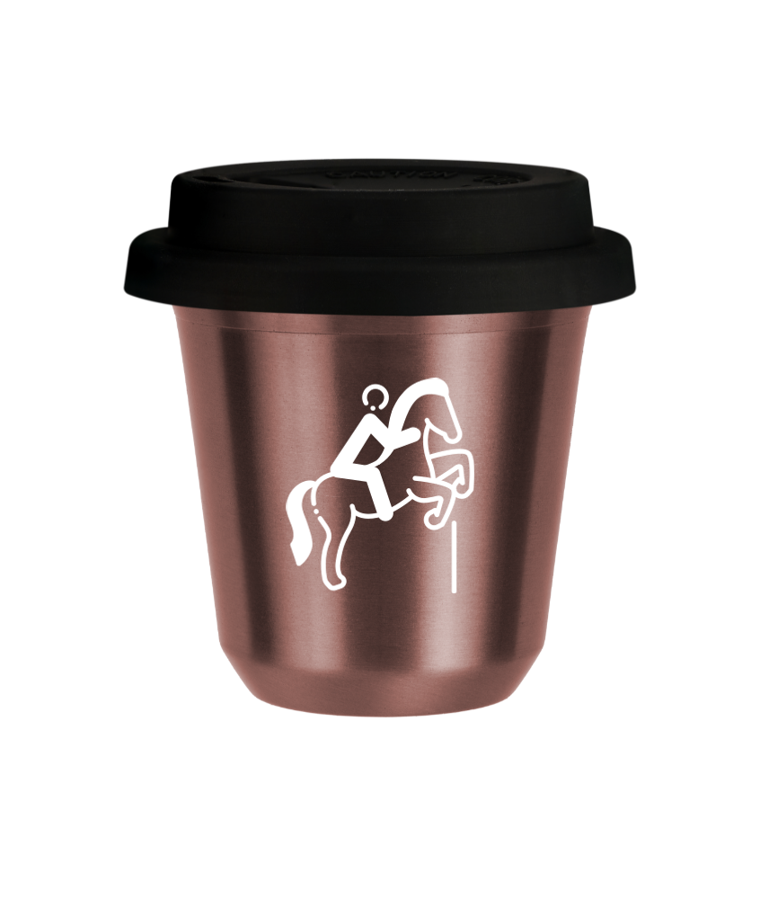 Tasse 150 ml OR ROSE "Équitation 1 (blanc)", avec couvercle noir