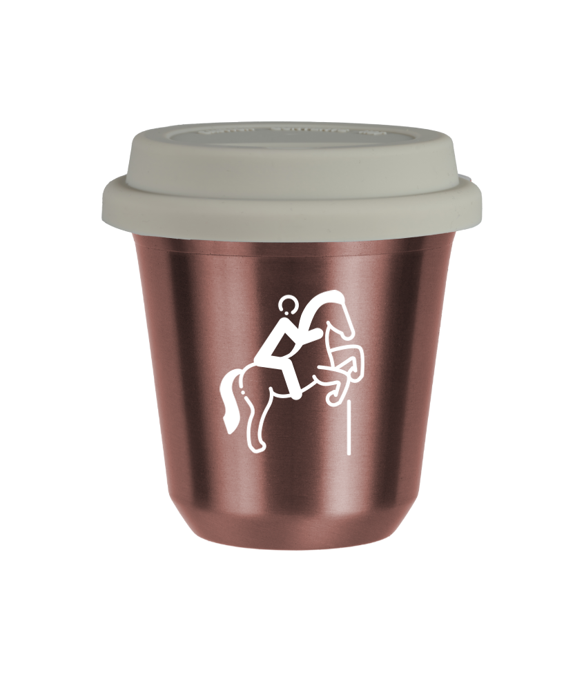 Tasse 150 ml OR ROSE "Équitation 1 (blanc)", avec couvercle blanc
