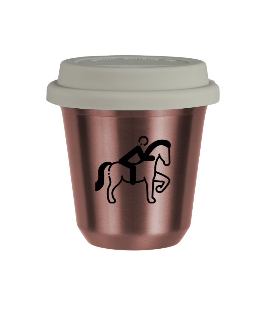 Tasse 150 ml OR ROSE "Équitation 2 (noir)", avec couvercle blanc