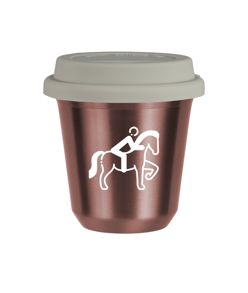 Tasse 150 ml OR ROSE "Équitation 2 (blanc)", avec couvercle blanc