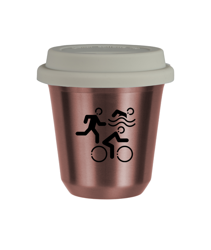 Tasse 150 ml OR ROSE "Sports (noir)", avec couvercle blanc