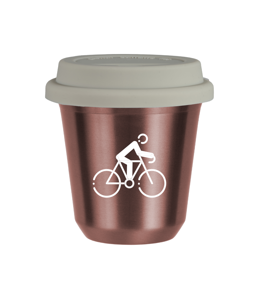 Tasse 150 ml OR ROSE "Cyclisme 3 (blanc)", avec couvercle blanc