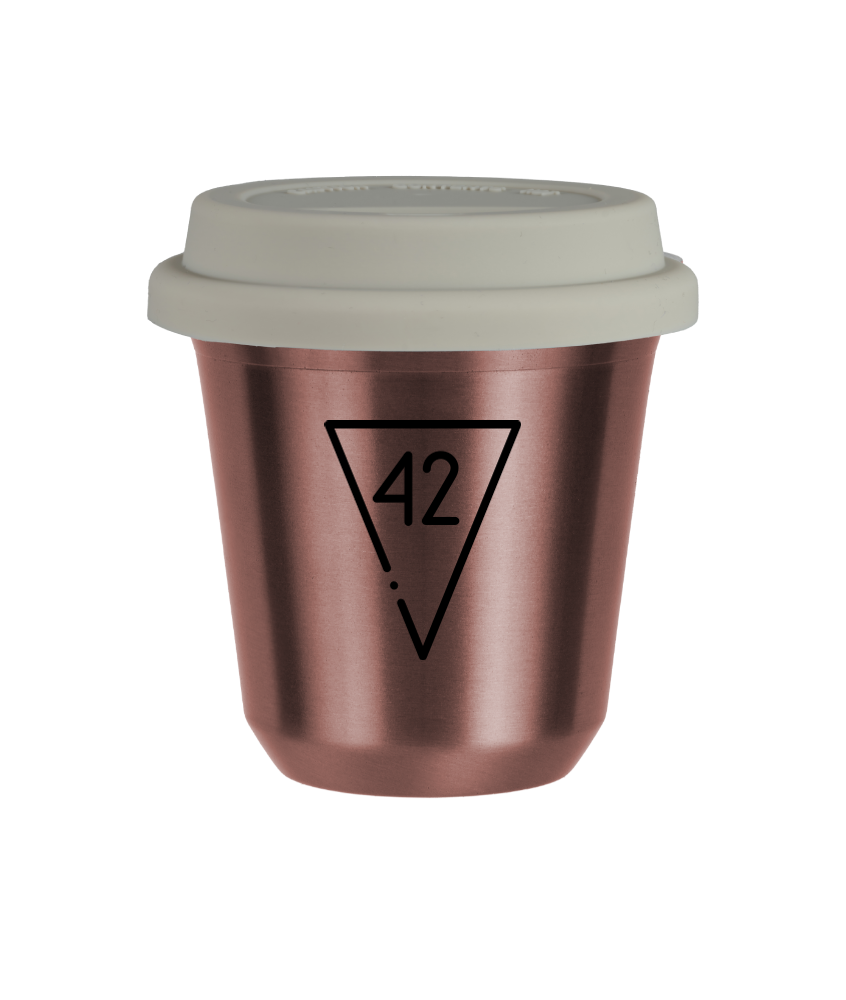 Tasse 150 ml OR ROSE "42 (noir)", avec couvercle blanc