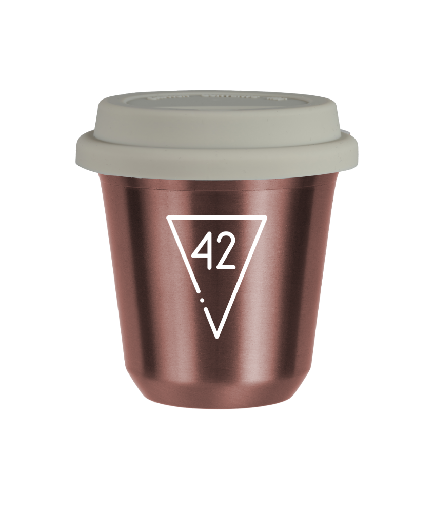 Tasse 150 ml OR ROSE "42 (blanc)", avec couvercle blanc