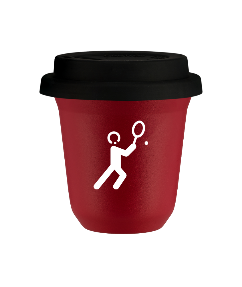 Tasse 150 ml ROUGE "Tennis 1 (blanc)", avec couvercle noir