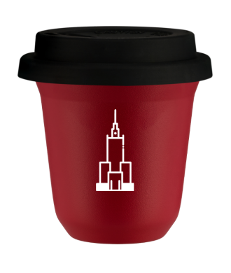 Tasse 150 ml ROUGE "Pałac kultury i nauki (blanc)", avec couvercle noir Tasse 150 ml ROUGE "Pałac kultury i nauki (blanc)", avec couvercle noir