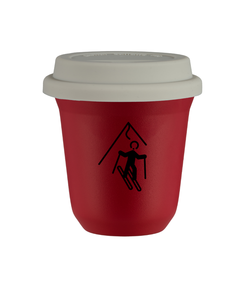 Tasse 150 ml ROUGE "Ski (noir)", avec couvercle blanc