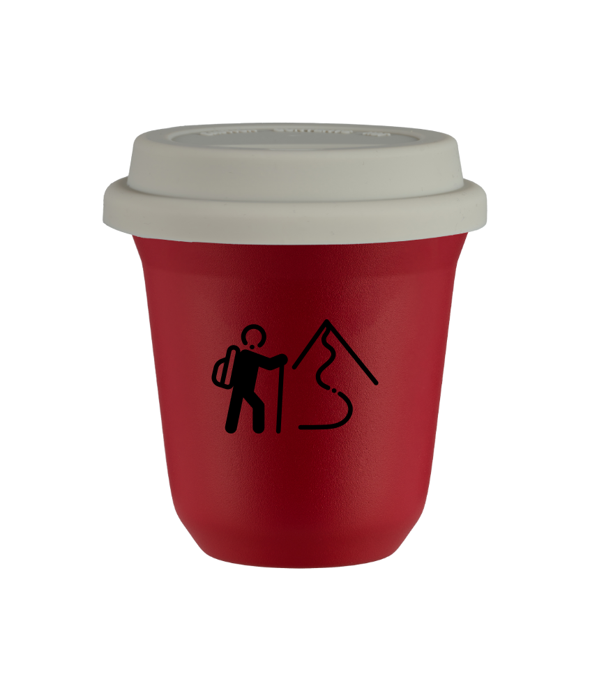 Tasse 150 ml ROUGE "Escalade 2 (noir)", avec couvercle blanc