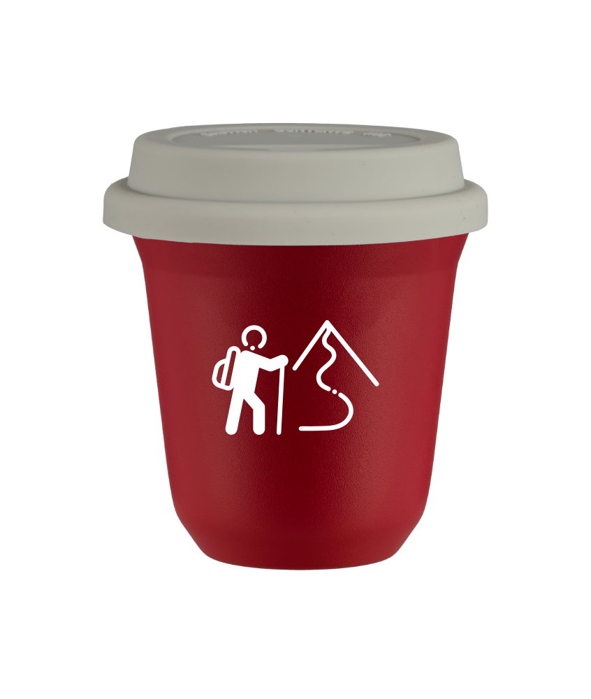 Tasse 150 ml ROUGE "Escalade 2 (blanc)", avec couvercle blanc