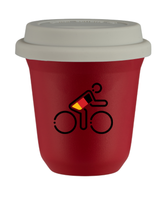 Tasse 150 ml ROUGE "Cycliste aux couleurs allemandes (noir)", avec couvercle blanc Tasse 150 ml ROUGE "Cycliste aux couleurs allemandes (noir)", avec couvercle blanc