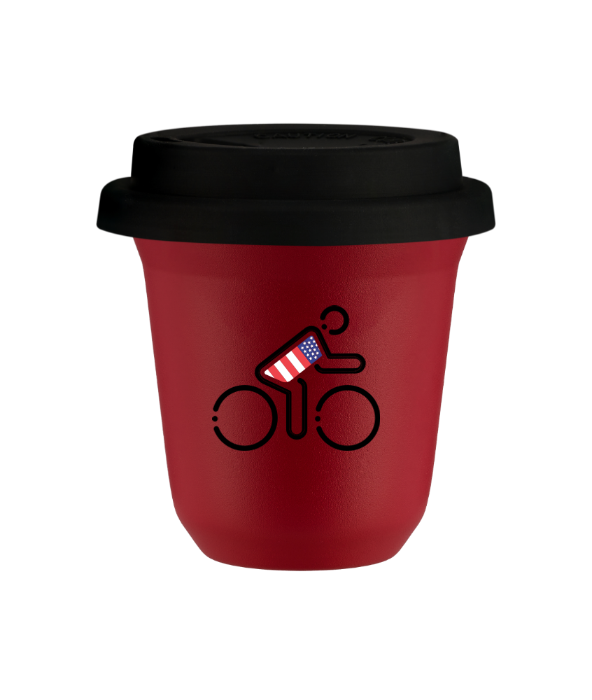 Tasse 150 ml ROUGE "Cycliste aux couleurs britanniques", avec couvercle noir