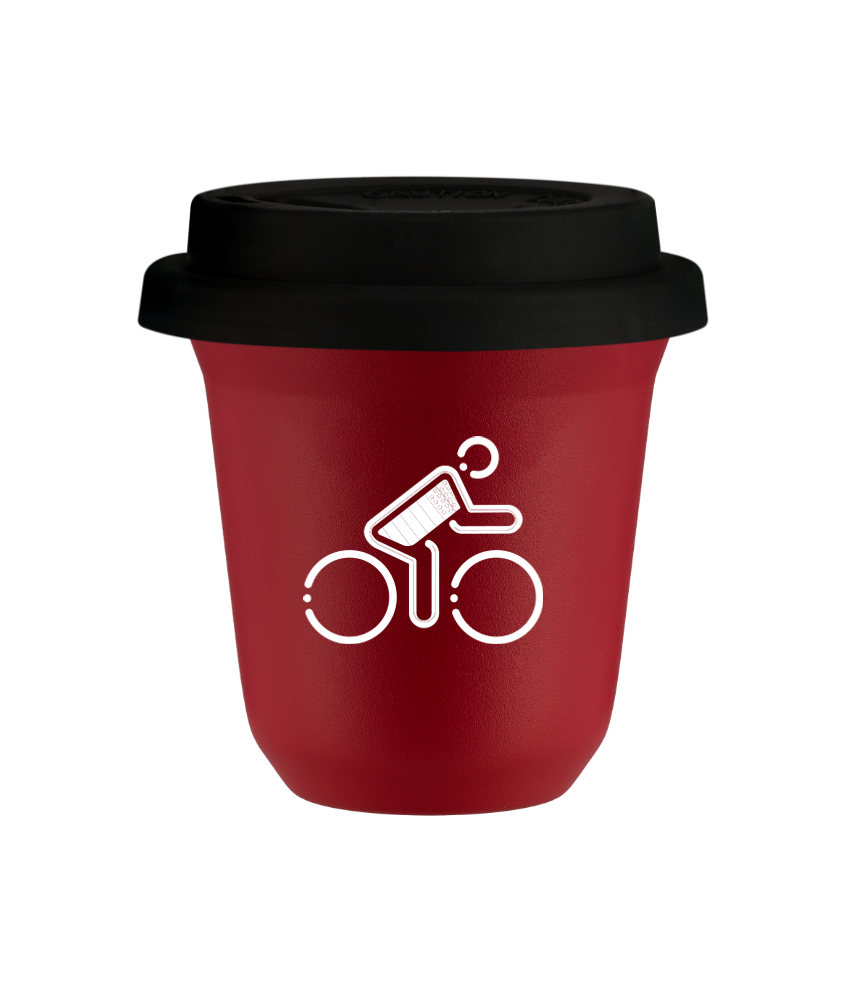 Tasse 150 ml ROUGE "Cycliste aux couleurs britanniques (blanc)", avec couvercle noir