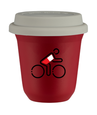 Tasse 150 ml ROUGE "Cycliste aux couleurs polonaises", avec couvercle blanc Tasse 150 ml ROUGE "Cycliste aux couleurs polonaises", avec couvercle blanc