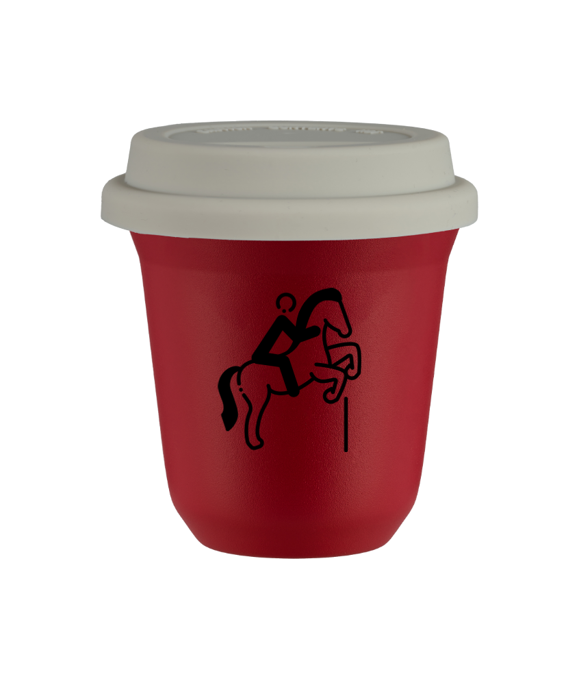 Tasse 150 ml ROUGE "Équitation 1", avec couvercle blanc