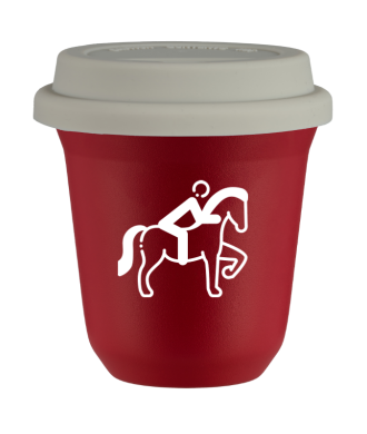 Tasse 150 ml ROUGE "Équitation 2 (blanc)", avec couvercle blanc Tasse 150 ml ROUGE "Équitation 2 (blanc)", avec couvercle blanc