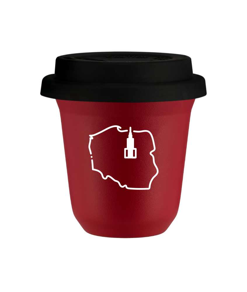 Tasse 150 ml ROUGE "Pologne (blanc)", avec couvercle noir
