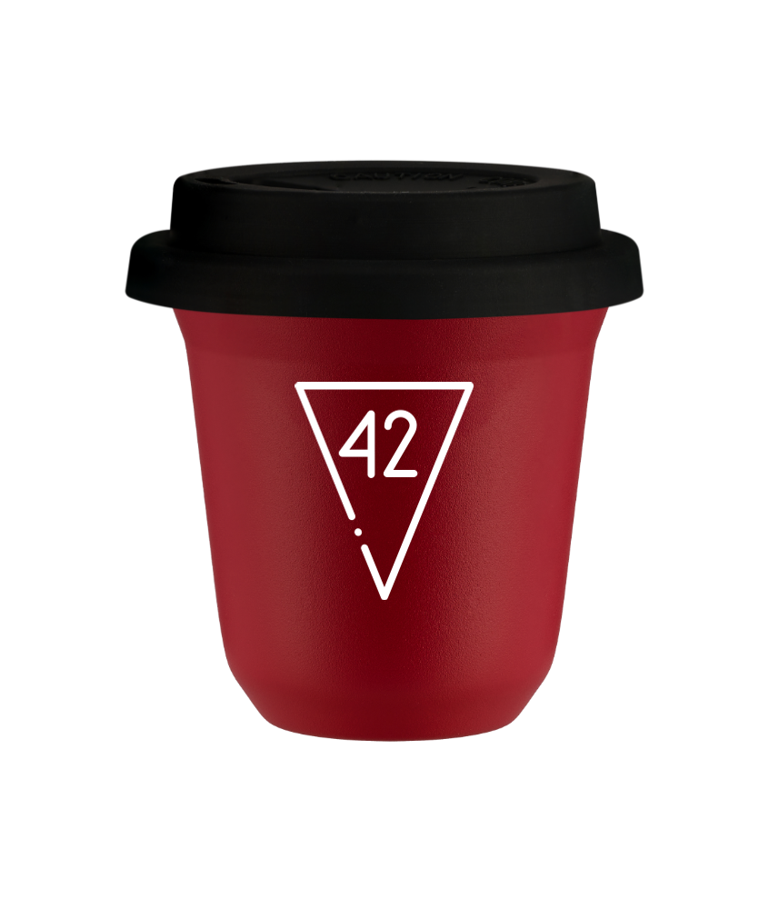 Tasse 150 ml ROUGE "42 (blanc)", avec couvercle noir