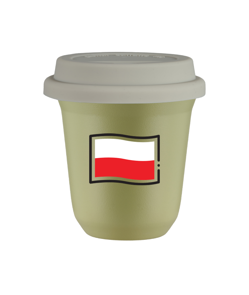 Tasse 150 ml PISTACHE "Drapeau polonais", avec couvercle blanc