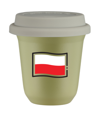 Tasse 150 ml PISTACHE "Drapeau polonais (noir)", avec couvercle blanc Tasse 150 ml PISTACHE "Drapeau polonais (noir)", avec couvercle blanc