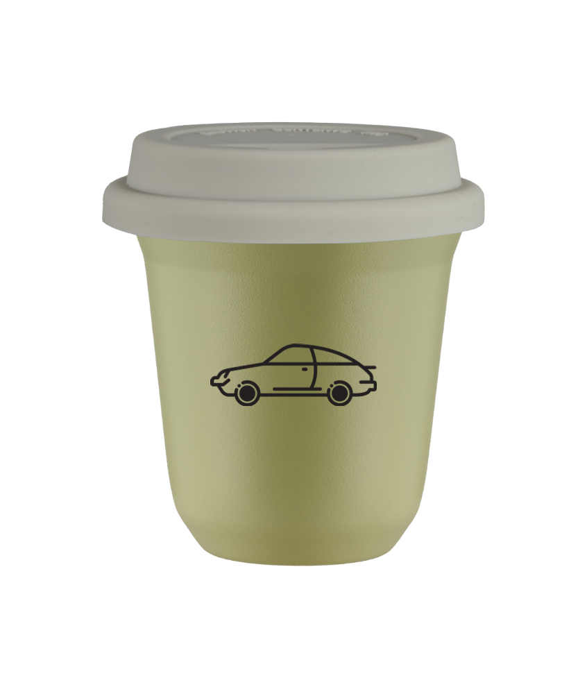 Tasse 150 ml PISTACHE "Voiture", avec couvercle blanc
