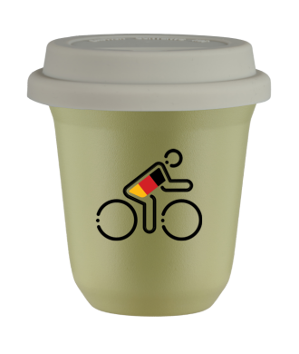 Tasse 150 ml PISTACHE "Cycliste aux couleurs allemandes", avec couvercle blanc Tasse 150 ml PISTACHE "Cycliste aux couleurs allemandes", avec couvercle blanc