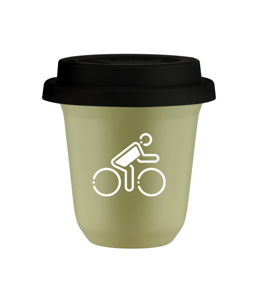 Tasse 150 ml PISTACHE "Cycliste aux couleurs allemandes (blanc)", avec couvercle noir